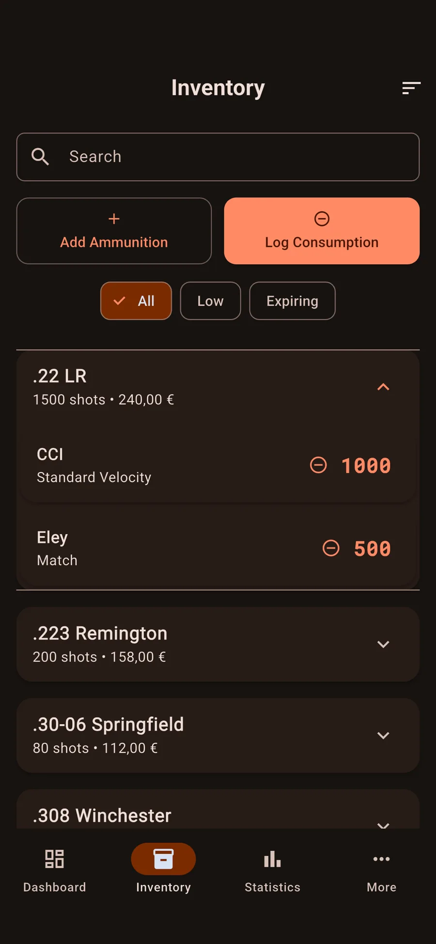 Inventory list with calibers and quantities